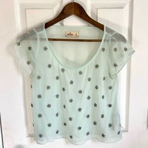 Pastel Blue Sheer Top with Silver Flower Embroidery